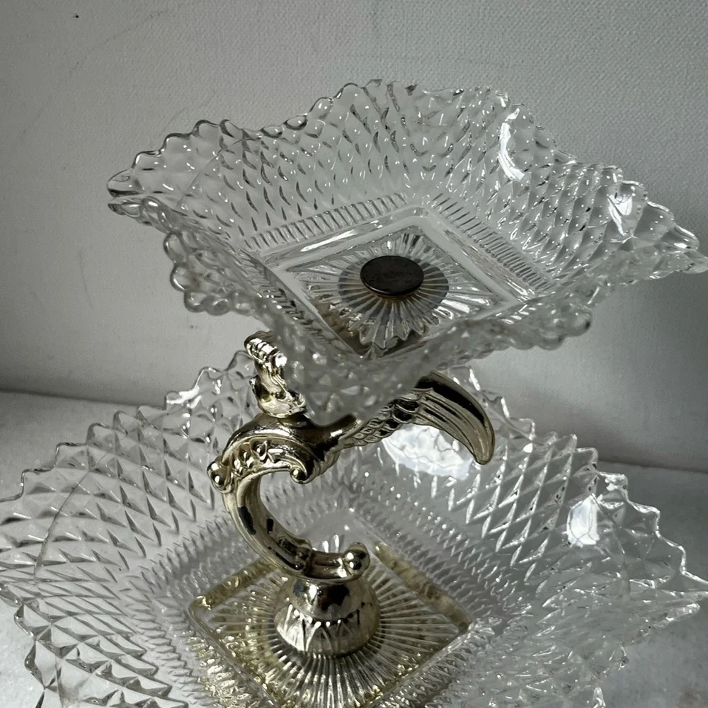 Federal Glass Square Ruffle Diamond Gold Angel 2 Tier Candy Dish Tray ..vintage